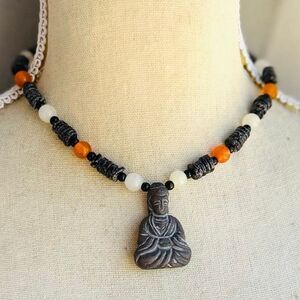 Buddha Beaded Black Puka Bead Orange White Unisex Choker Necklace